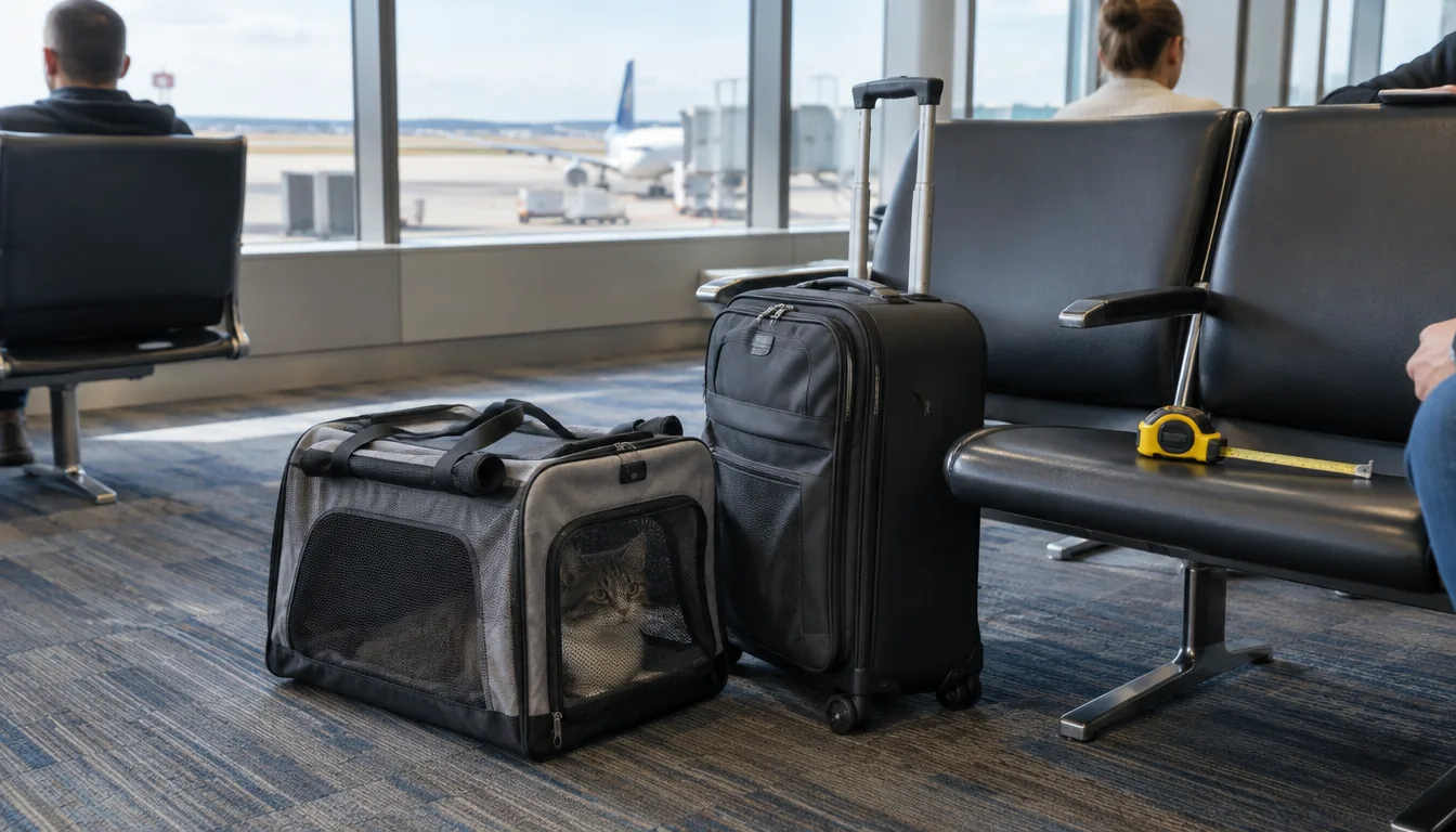 Soft cat carrier on the floor of an airport gate area next to a rolling bag and a tape measure
