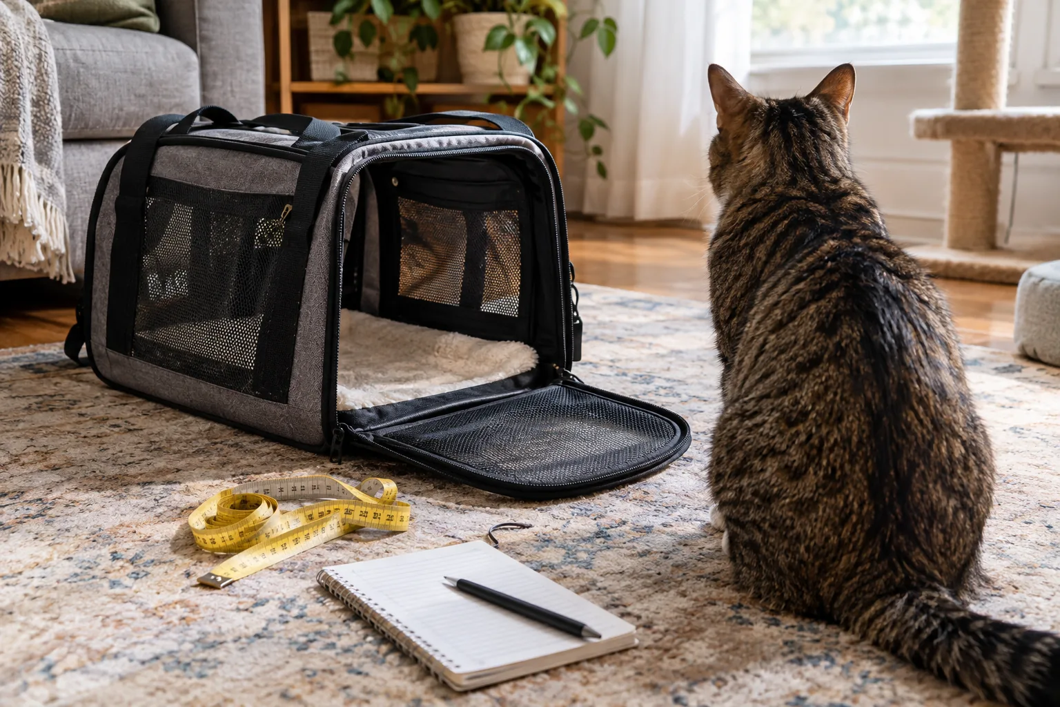 Open cat carrier, tape measure and notepad used to check airline approved pet carriers for cats at home