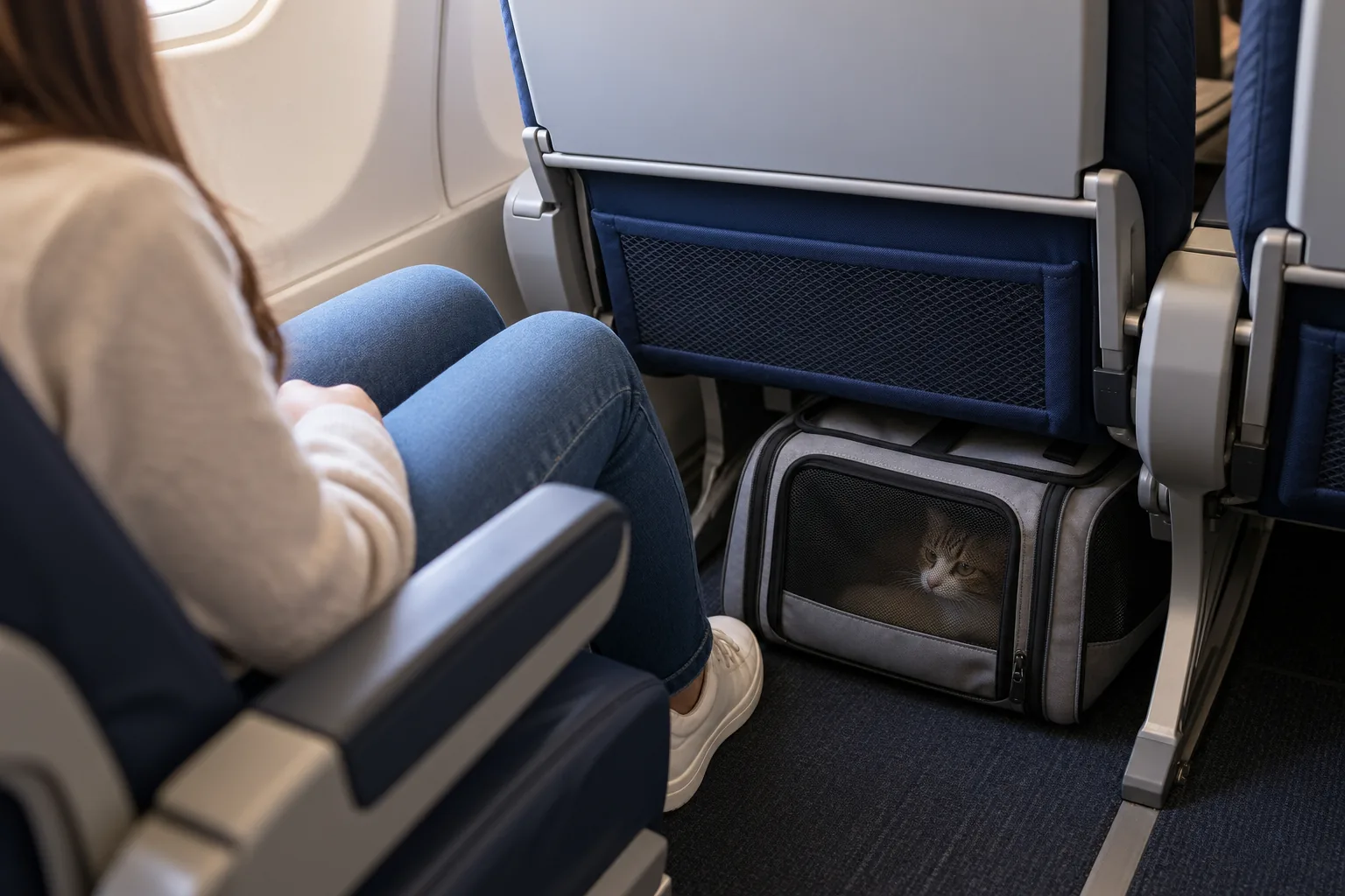 Soft cat carrier stowed under an airplane seat