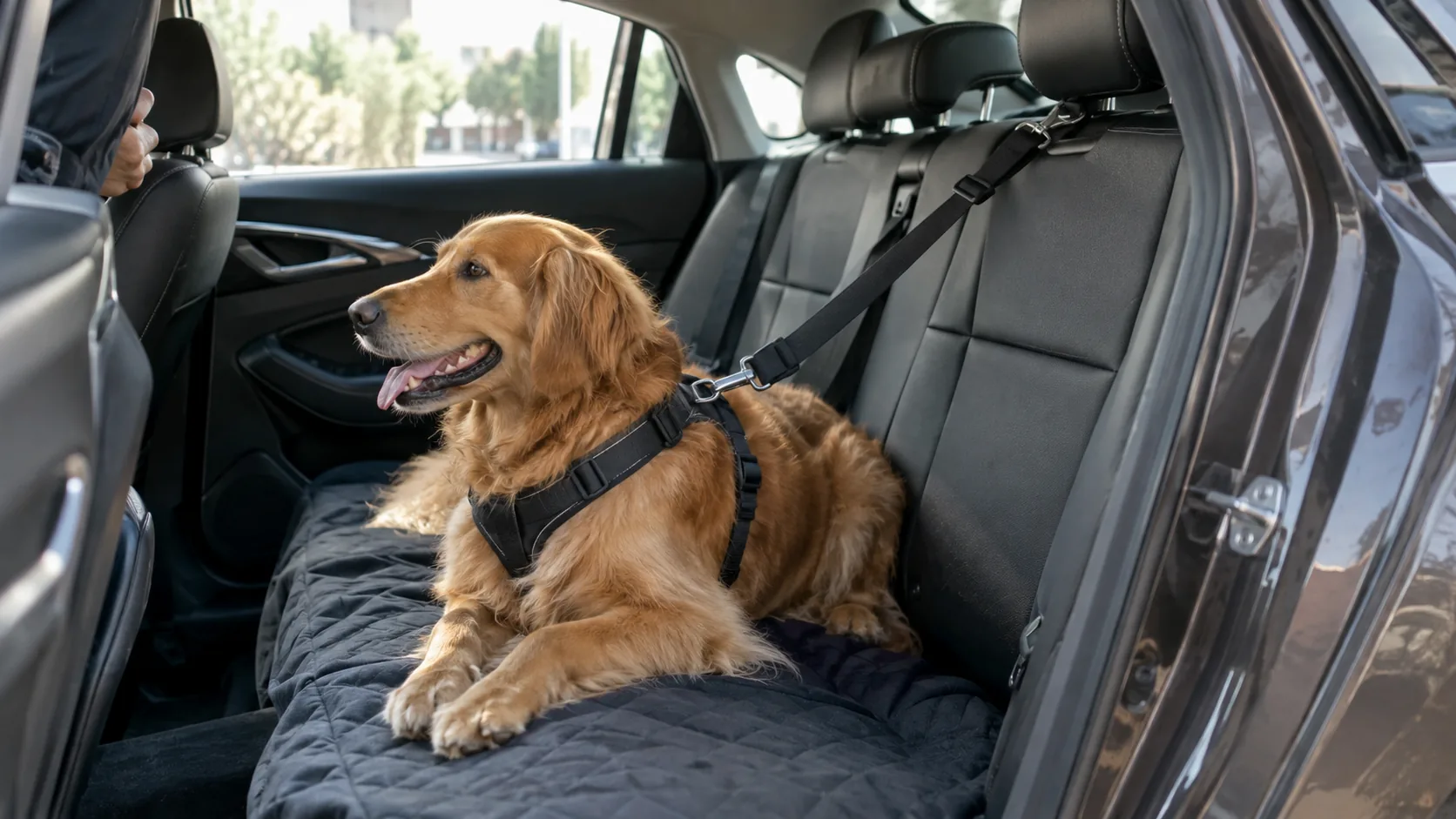 Dog resting on a back seat, an example of attaching a dog harness to a seat belt system