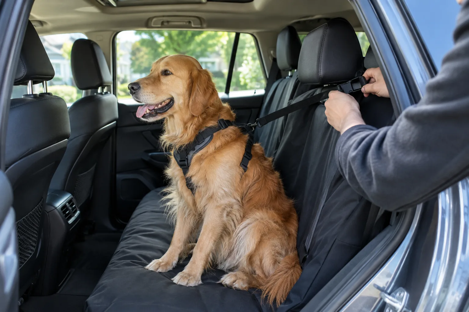 Dog sitting on a back seat while an owner's hands check the strap near the headrest