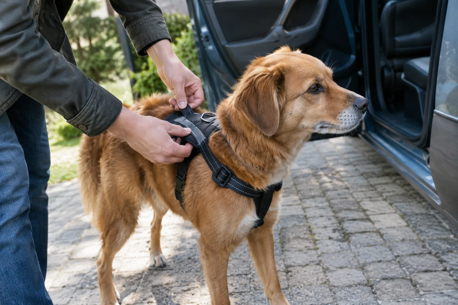 Owner's hands checking a dog harness strap beside an open car door