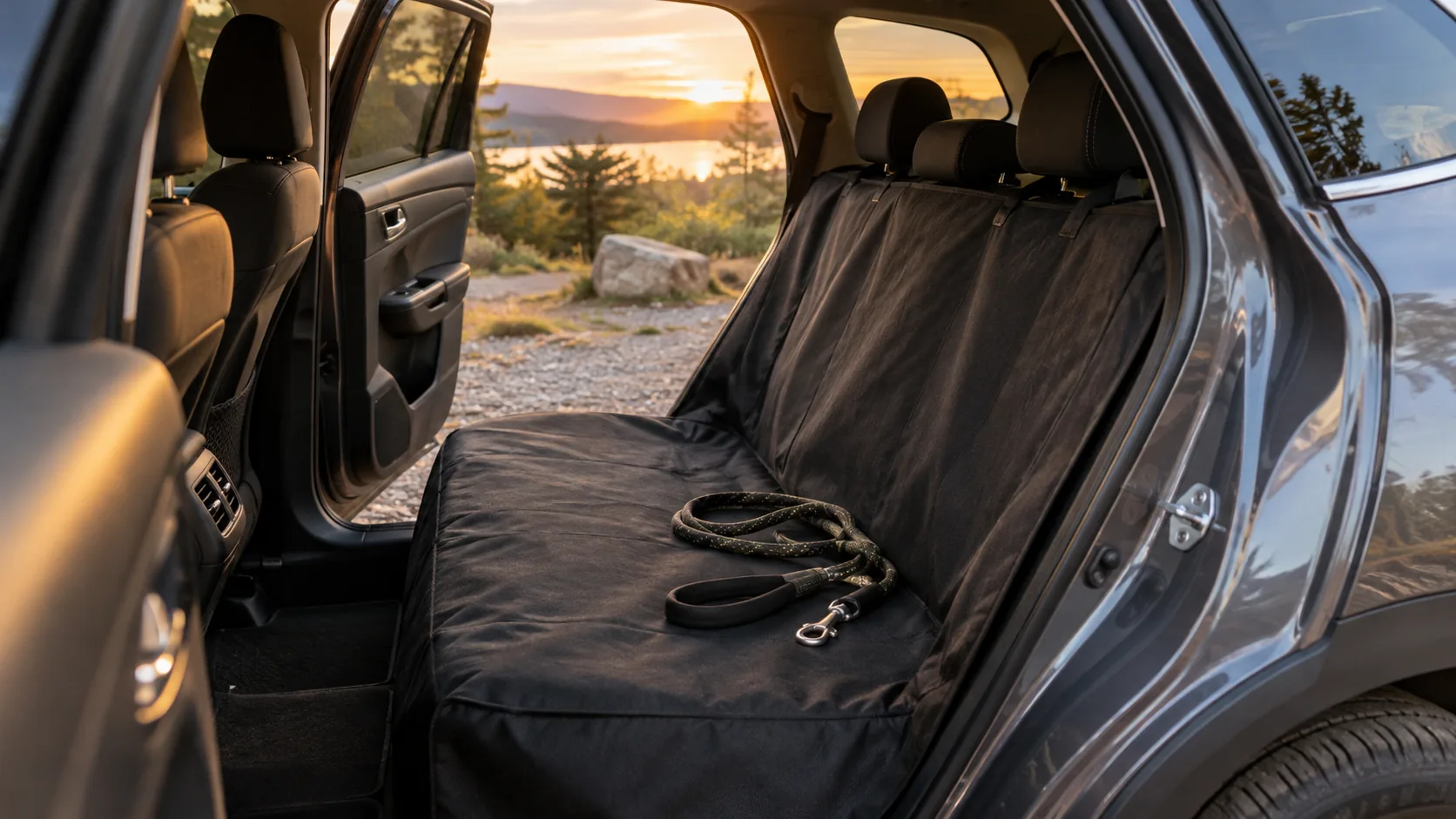 Back seat of an SUV fitted with a dog seat cover at a trailhead