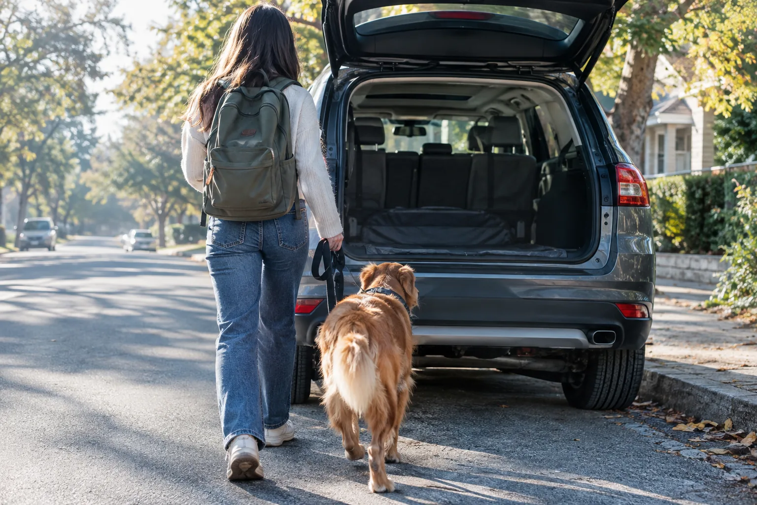 Dog walking toward the open rear door of an SUV