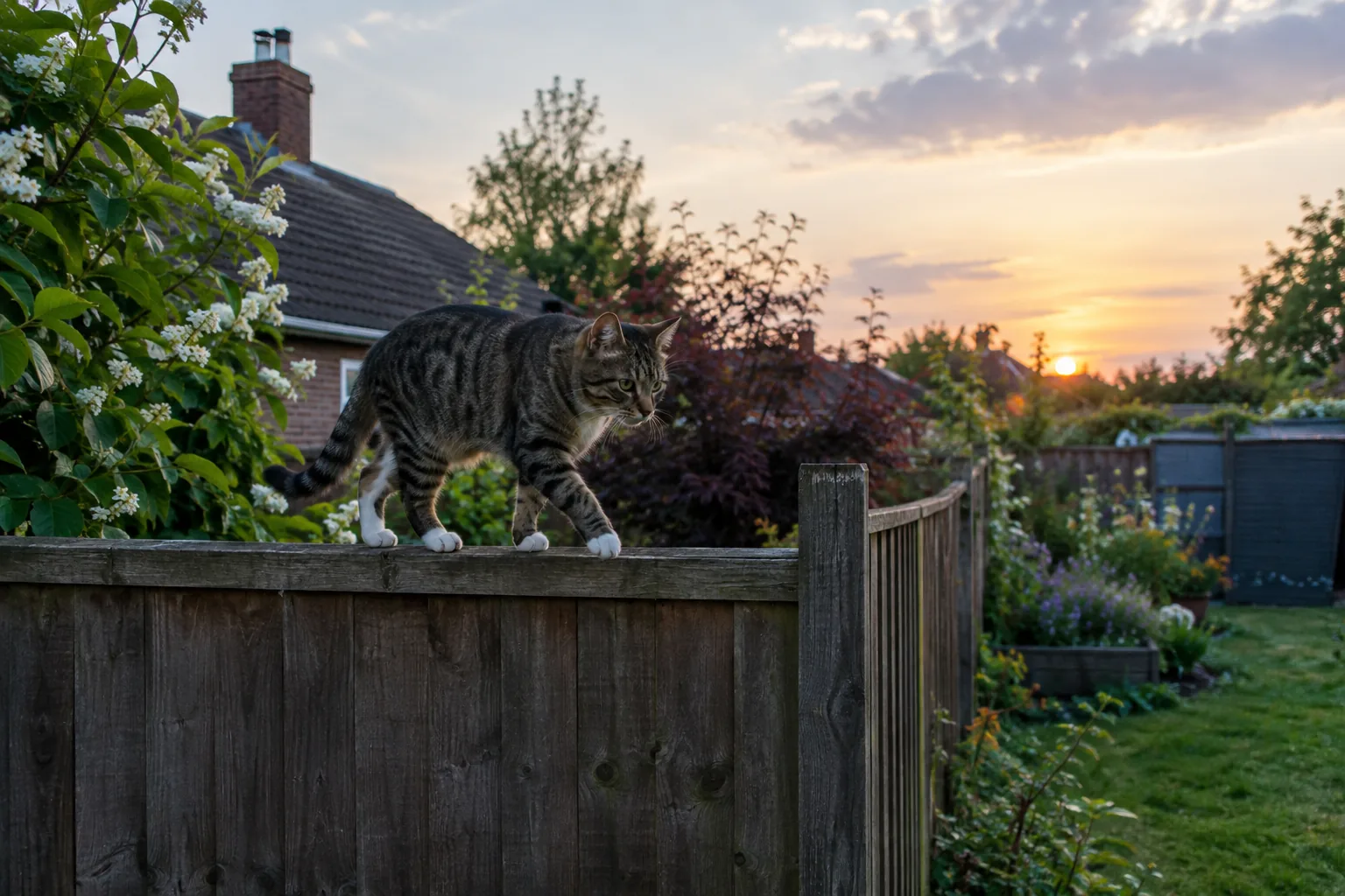 Tabby cat walking along a wooden backyard fence at dusk