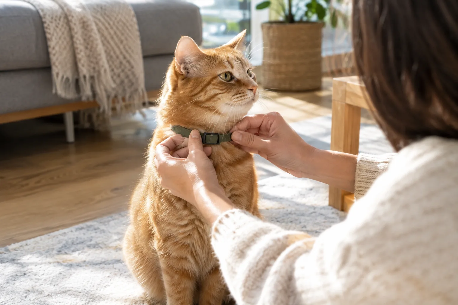 Hands adjusting a collar on a cat before fitting a tracker