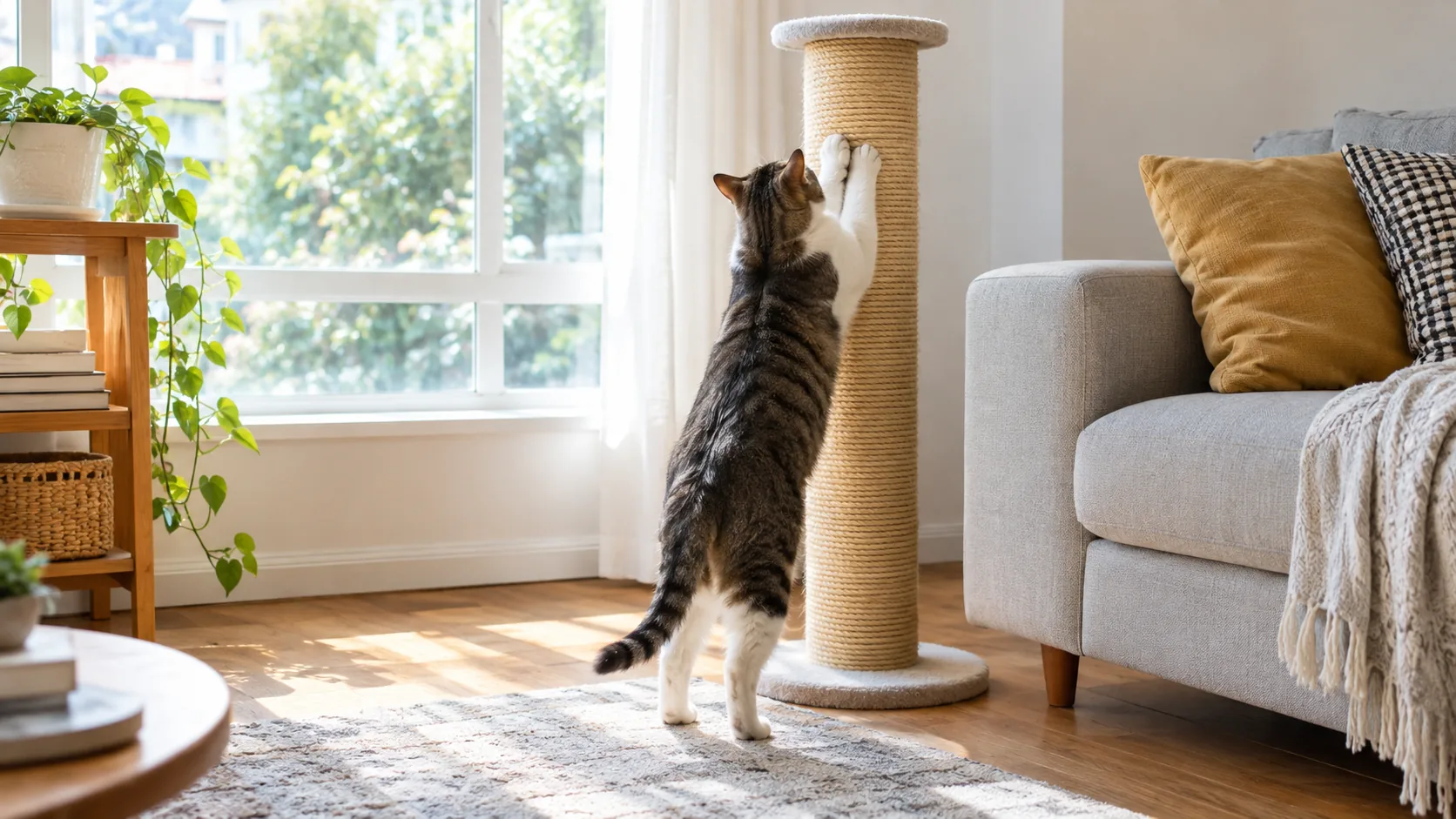 Cat stretching toward a scratching post in a sunlit living room corner