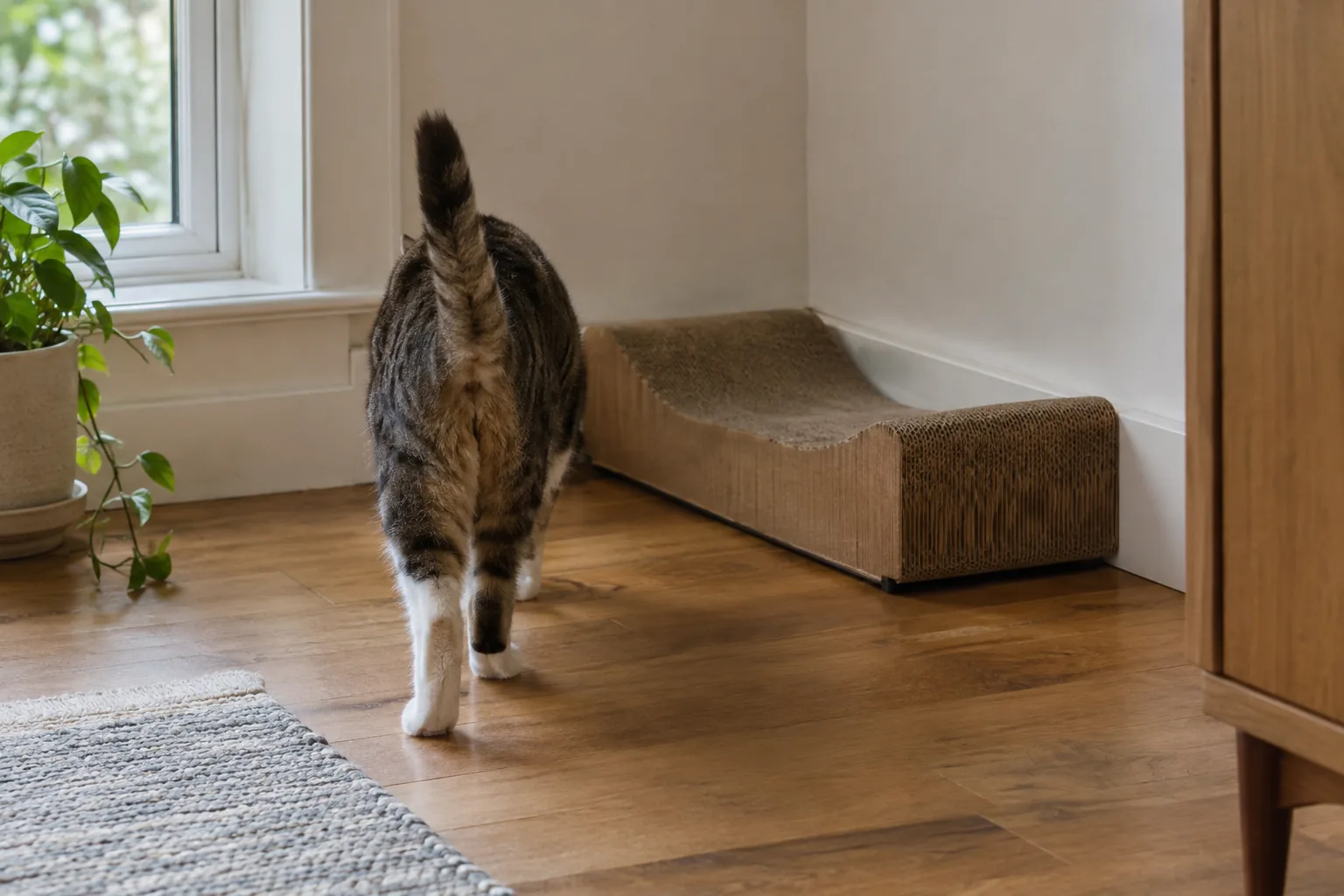 Corner of a room with a cardboard scratcher and a cat approaching