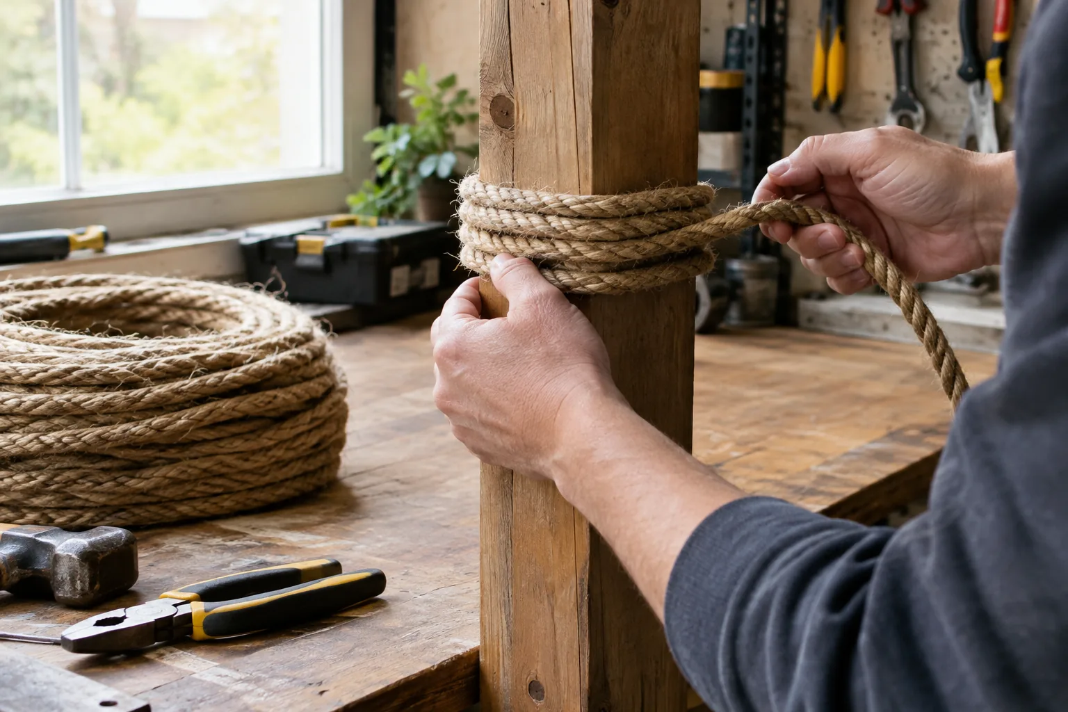 Hands wrapping rope around a post on a workbench