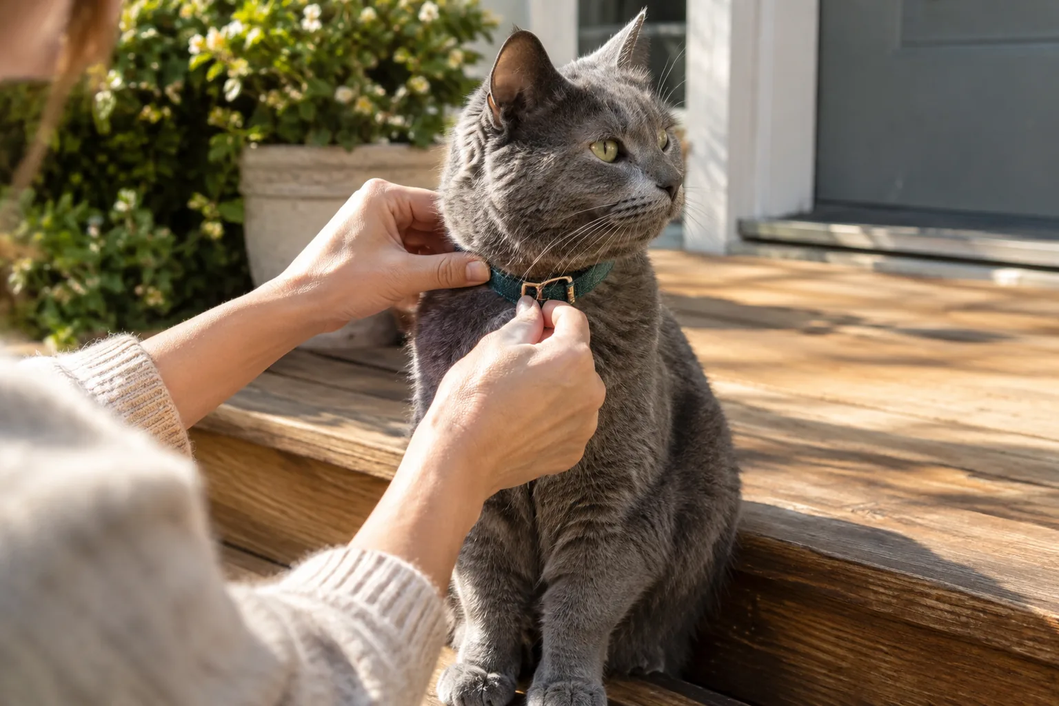 Hands adjusting a collar on a gray cat on a porch step