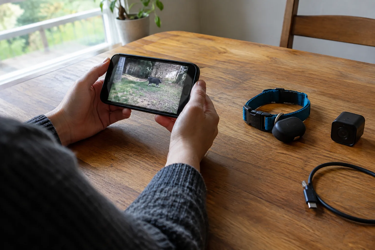 Watching footage from a cat with camera on collar on a phone at a kitchen table