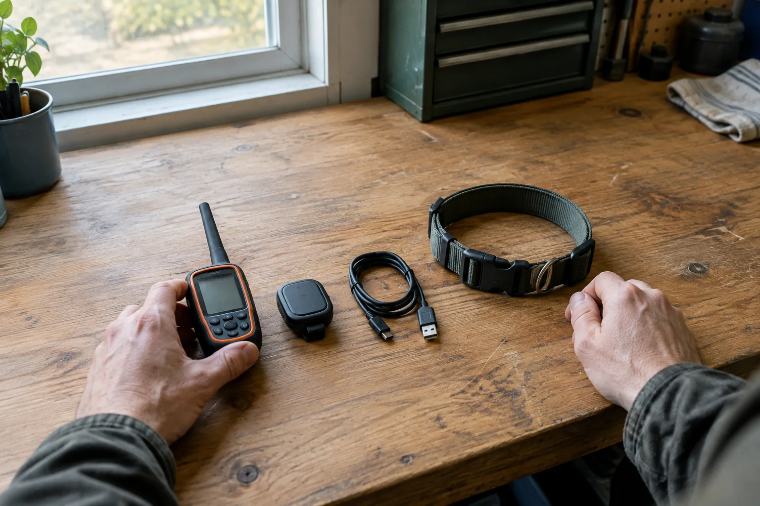 Remote, clip-on tracker and charging cable laid out for a gps and shock dog collar comparison