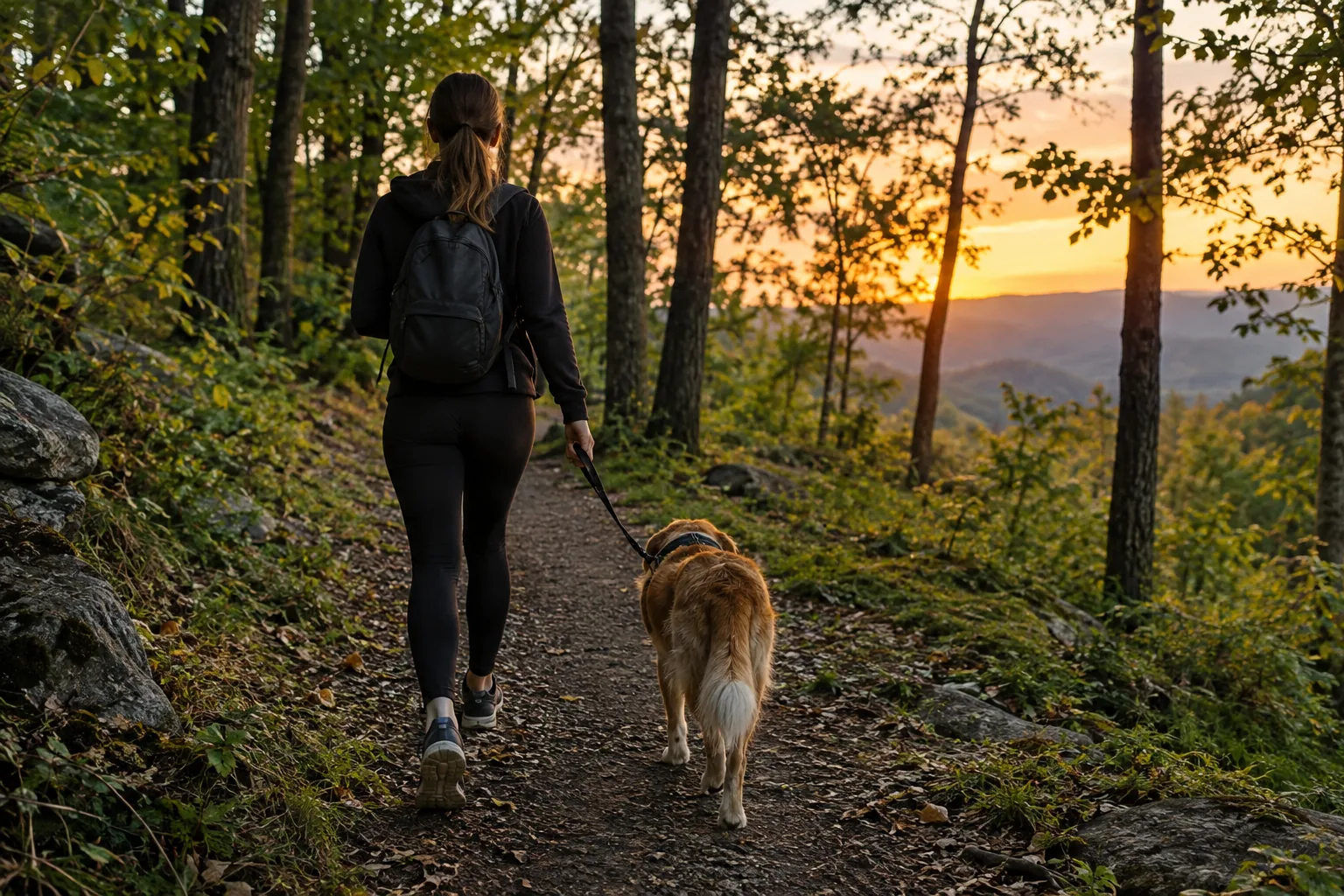 Person walking a dog on a wooded trail at dusk
