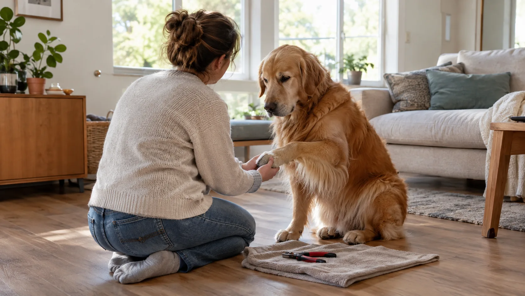 Owner preparing to trim a calm dog's nails at home