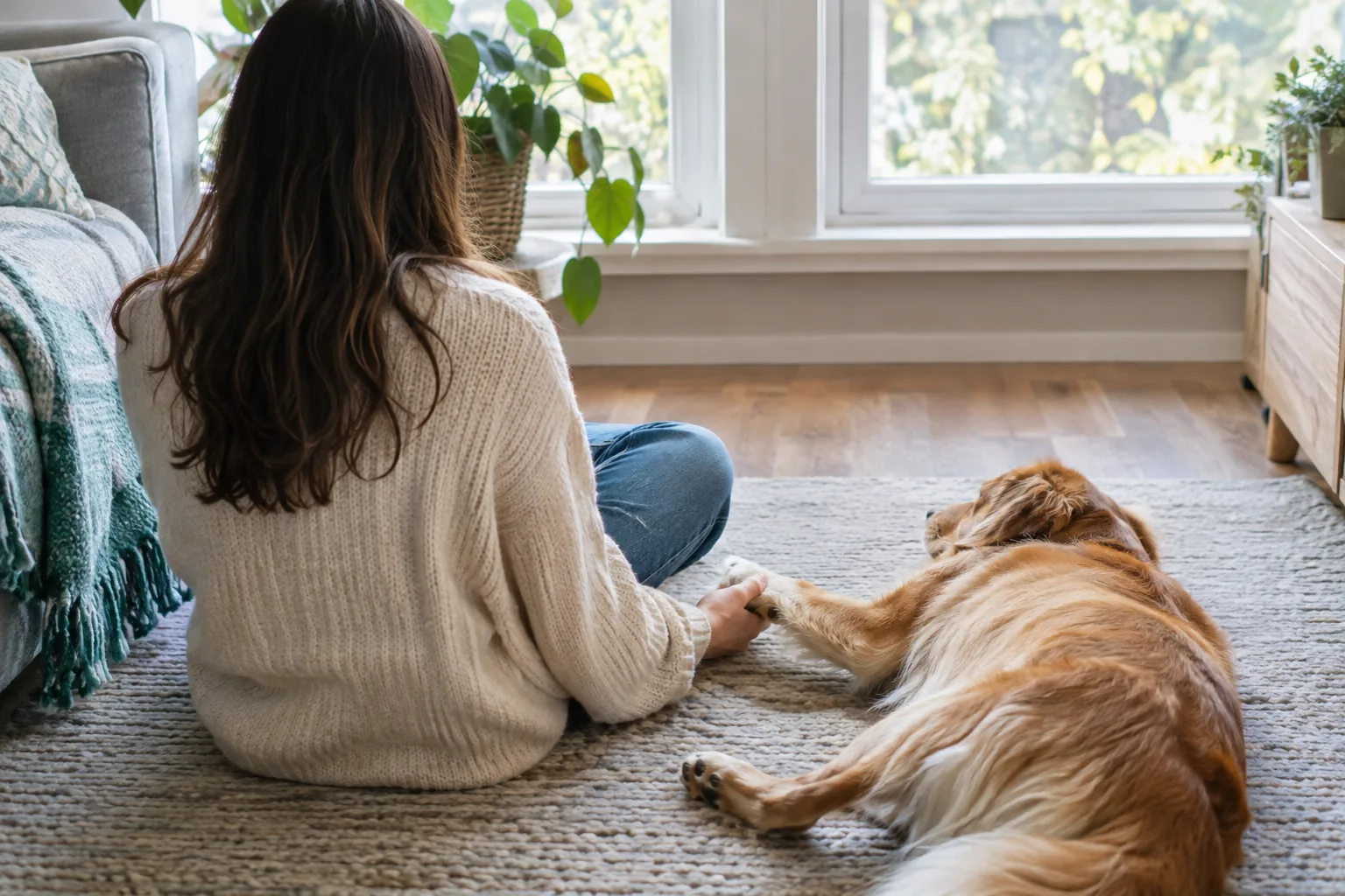 Owner holding a calm dog's paw, showing how to use a dog nail clipper at home