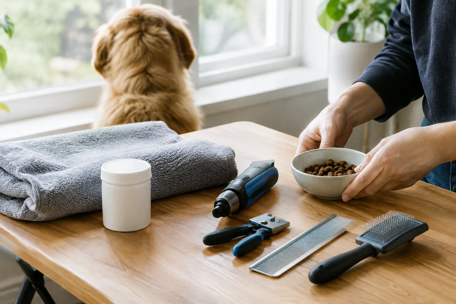 Nail trimming supplies laid out beside a window before a grooming session