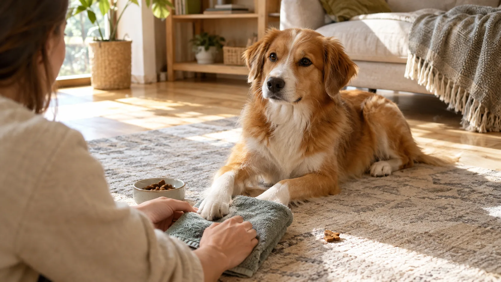 Dog relaxing on a rug while an owner prepares for a nail grinding session