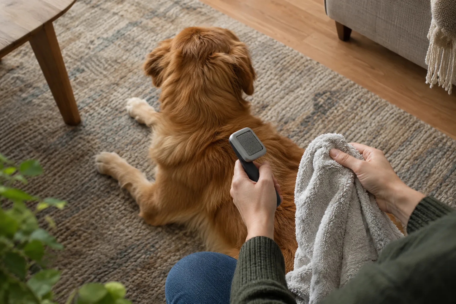 Owner setting up on a living room rug to learn how to use a dog nail grinder