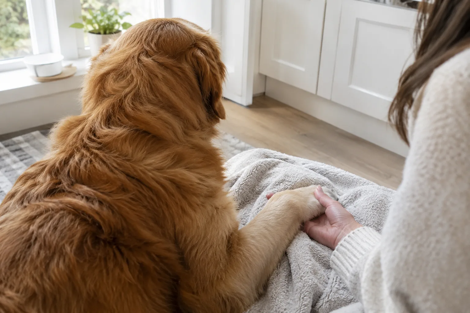 Owner holding a dog's paw on a towel in a bright room