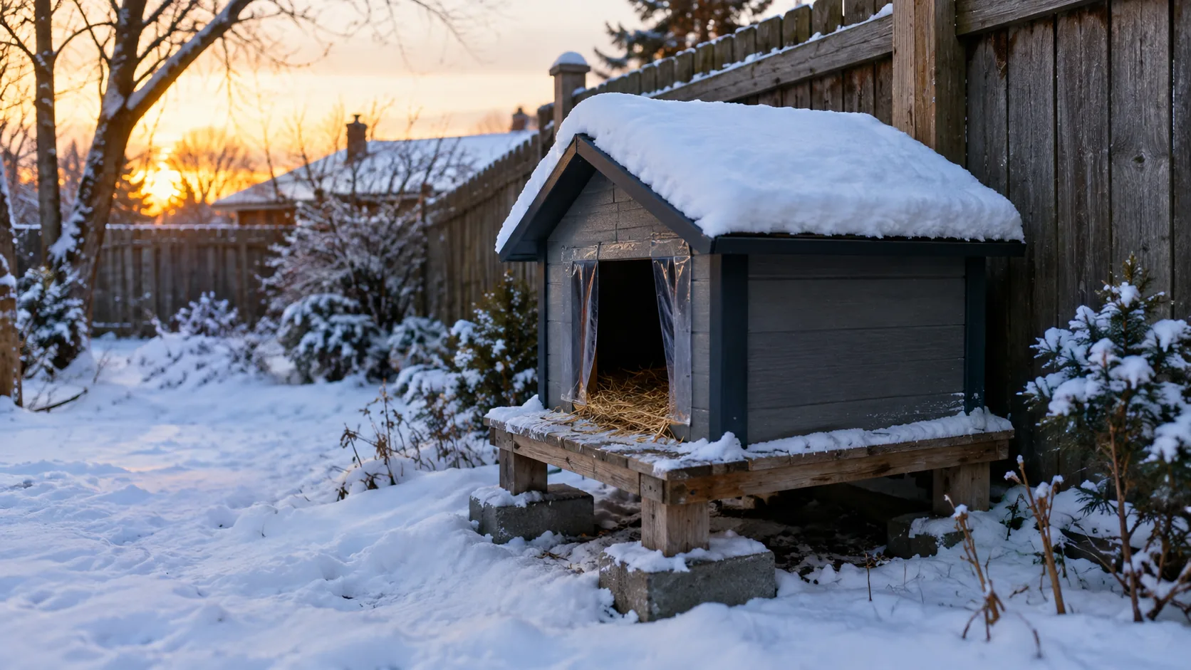 Outdoor cat shelter raised off the ground in a snowy backyard