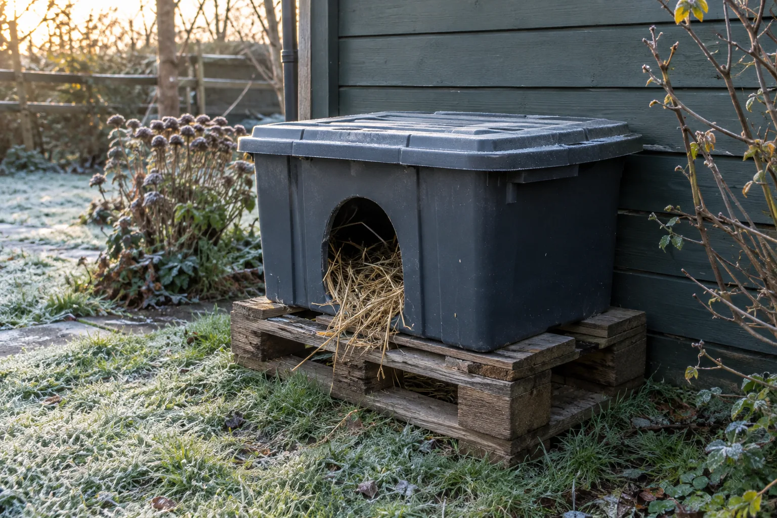 Homemade cat shelter on pallet slats beside a garden shed, an example of insulating an outdoor cat house for winter