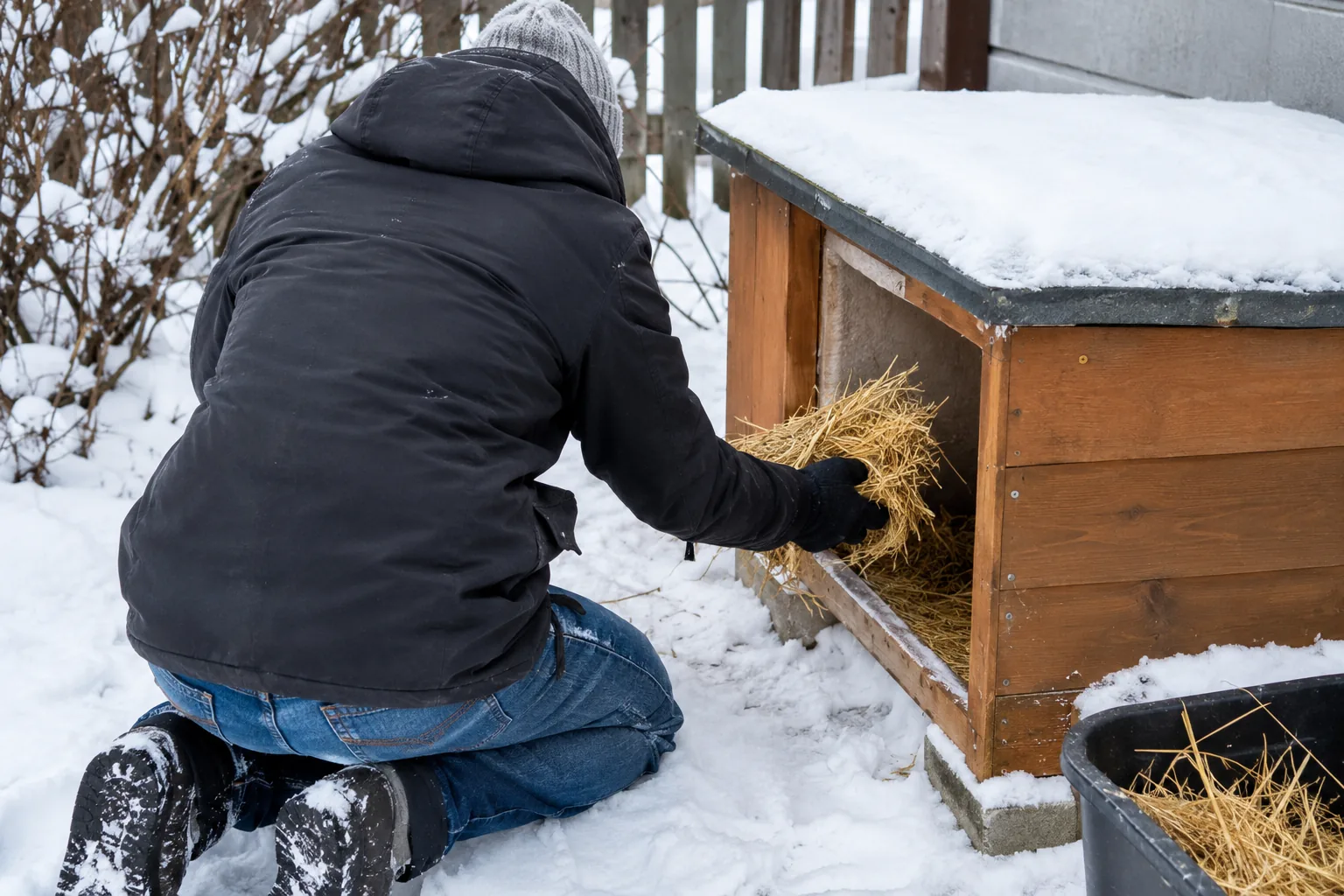 Gloved hands adding fresh straw to an outdoor cat shelter