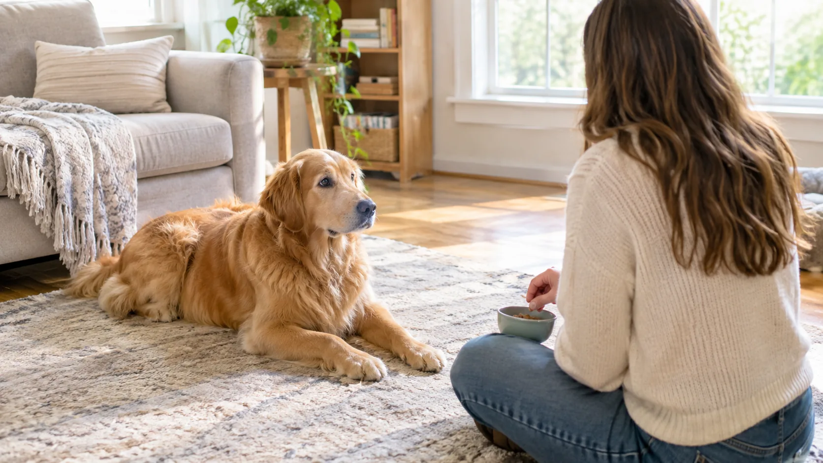 Owner sitting on the floor with a calm dog, preparing a grooming session at home