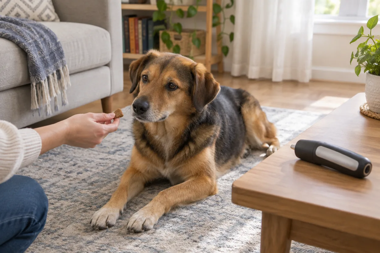 Dog resting on a living room rug while an owner's hand offers a reward before pet vacuum grooming