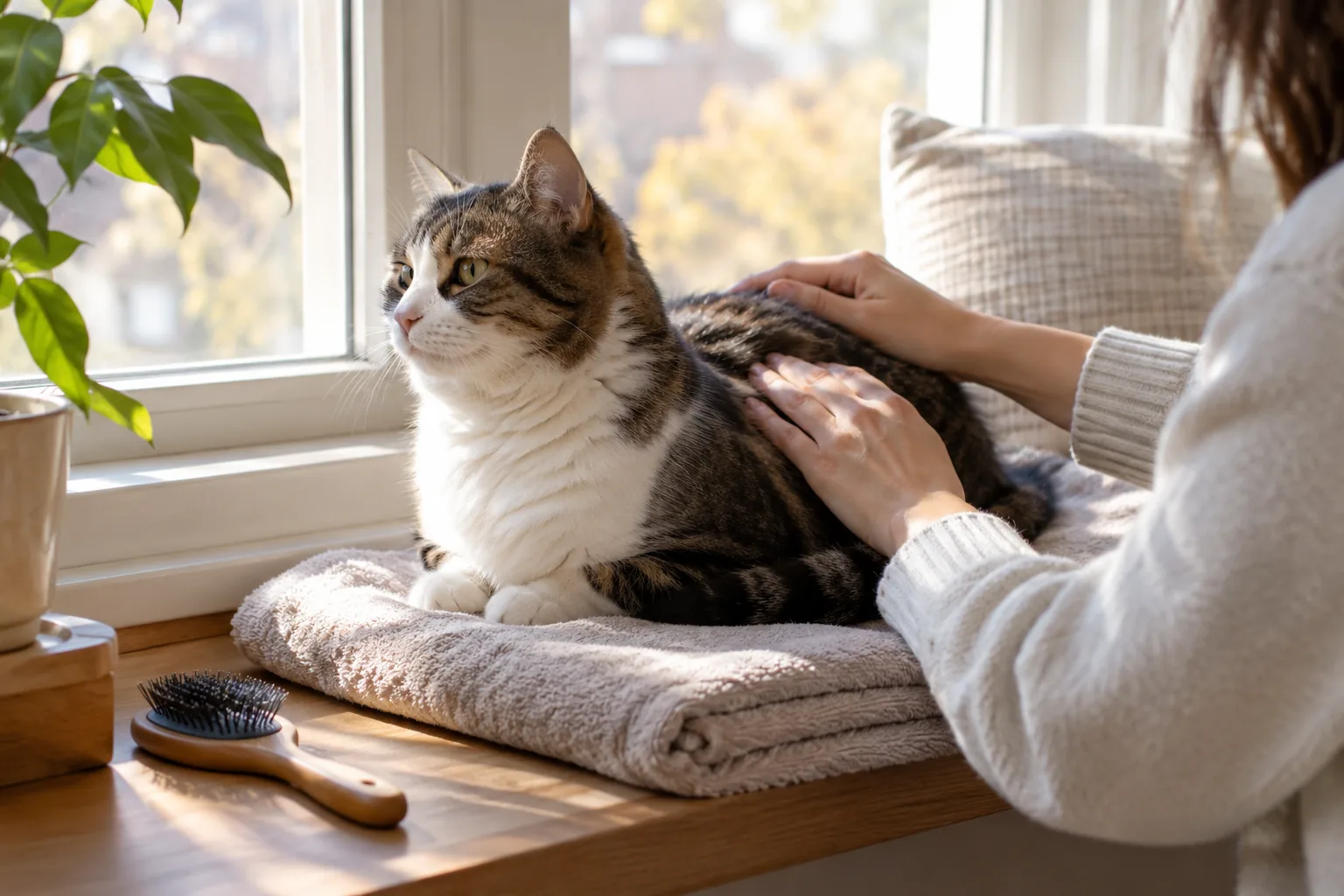 Cat on a towel being gently brushed by an owner before grooming