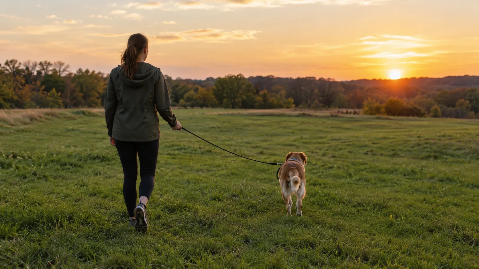 Owner and dog on a long line in an open field at dusk