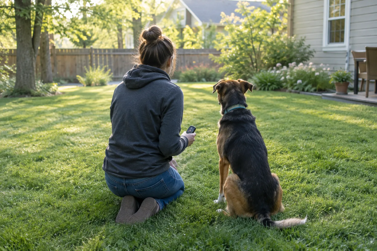 Owner kneeling beside a dog in a backyard before a training session