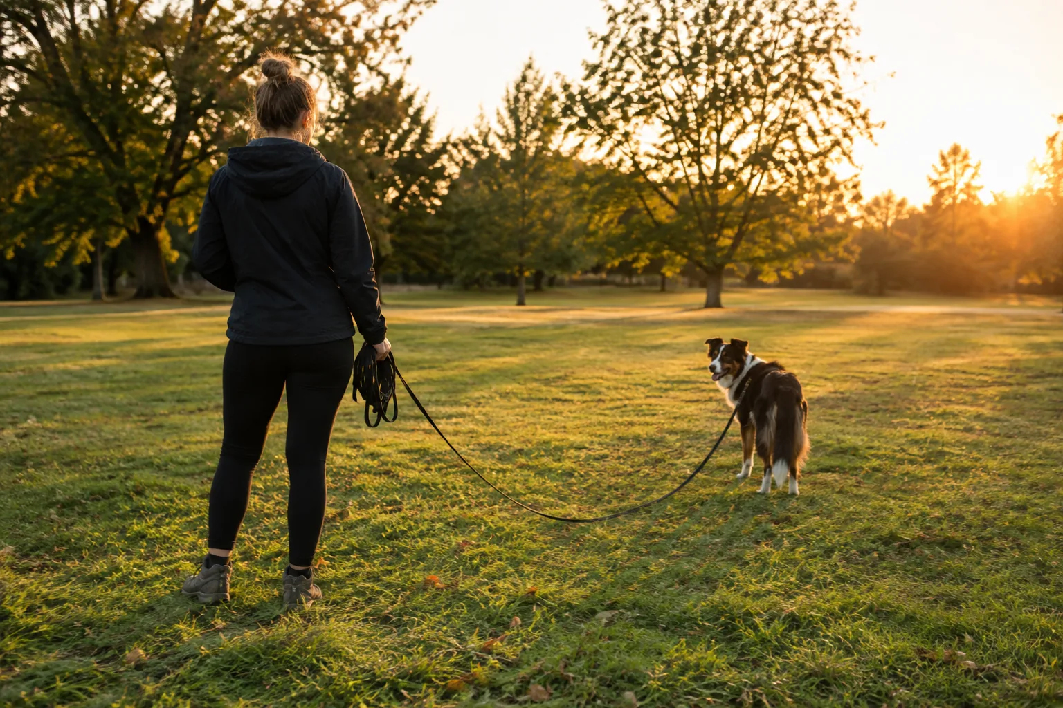 Dog on a long line in a park during a recall practice session